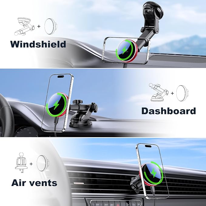 for Mag-Safe Car Mount Charger Dash Windshield Vent Magnetic Phone Holder | Wireless Car Charger with LED Light Car Phone Holder for iPhone 17 16 15 14 13 12 Series for MagSafe Red - Image 4