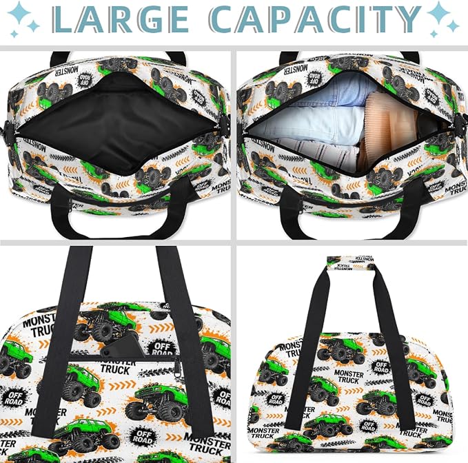 Gym Travel Duffle Bag for Boys - Kids Overnighter Weekend Bag with Front Zipper Pocket for School Practice, Green Monster Car Trucks Teens Carry-On Size Sleepover Bags - Image 5