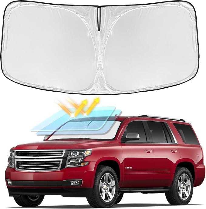 Windshield Sun Shade for Chevrolet Tahoe 2015-2020 - 4 Layers | Car Sunshades for Front Windows Shade Cover Custom Fit Tahoe Sun Visor 250T Retractable Shade Blocks UV Rays Car Accessories by ZOIBVCARSUNSHADE