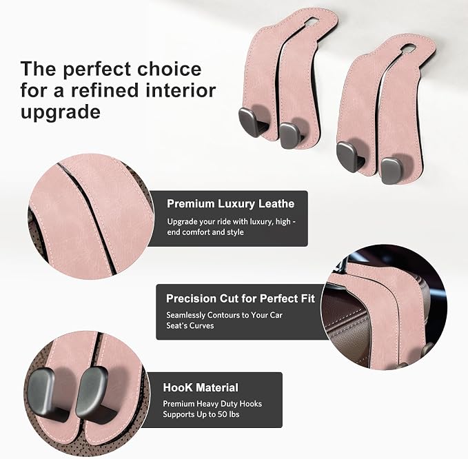 CoBak Purse Hook for Car - Universal Premium Stitched Leather and Aluminum-Magnesium Alloy Double Car Seat Back Storage Hook for Purses, Handbags, Bags (2 Pack),Blush Pink - Image 2