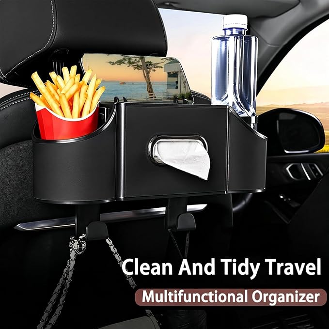 Back Seat Car Organizer,4 in 1 Multifunctional Car Back Seat Storage Box with Drink Cup Holder Tissue Box, for Hold Phone,Snacks, Drinks, Handbag-Black - Image 2