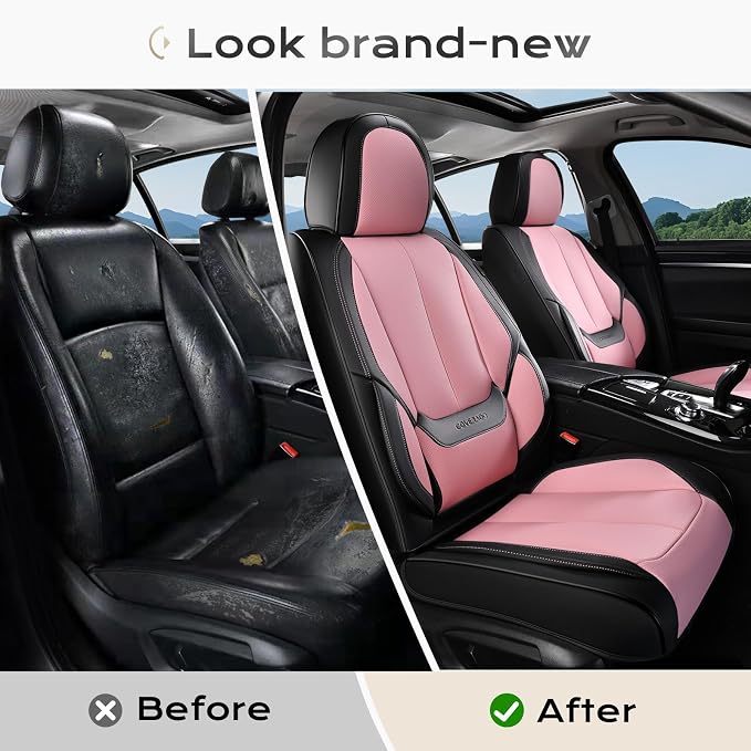 Coverado Seat Covers, Car Seat Covers Front Seats, Car Seat Cover, Car Seat Protector Waterproof, Car Seat Cushion Leather, Seat Covers Carseat Cover Universal Fit for Most Cars Black-Pink - Image 9