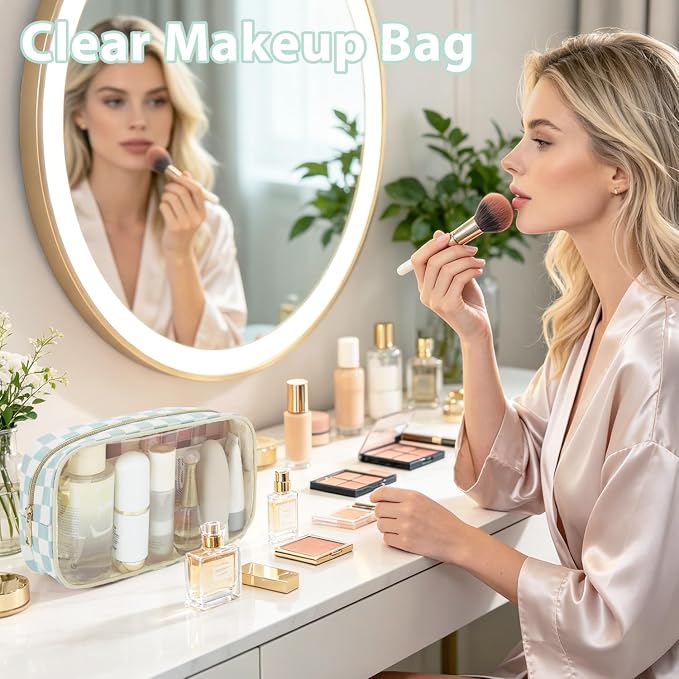 Fammart Clear Travel Makeup Bag for Women, TSA Approved Checkered Cosmetic Bag Make Up Car Organizer Case with Zipper, Large Waterproof Pouch Purse Toiletry Bag for Skincare, Brushes Travel Essentials - Image 5
