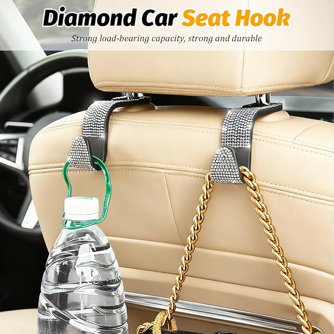 HZEL 4PCS Crystal Rhinestone Vehicle Headrest Hooks for Bags, Orange | plastic and rhinestone build, snap-on headrest mounting, holds bags and umbrellas, uses seatback space, fits vehicles - Image 4
