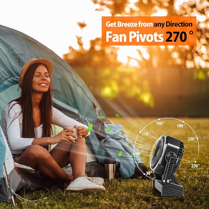 Battery Powered Camping Fan, Battery Operated Fan, Travel Gear Essentials | 20000mAh Rechargeable Battery, 58Hrs Runing, 400LM Light & 360° Rotable Hook, Whisper Quiet Fan for Outdoor Power Outages - Image 7