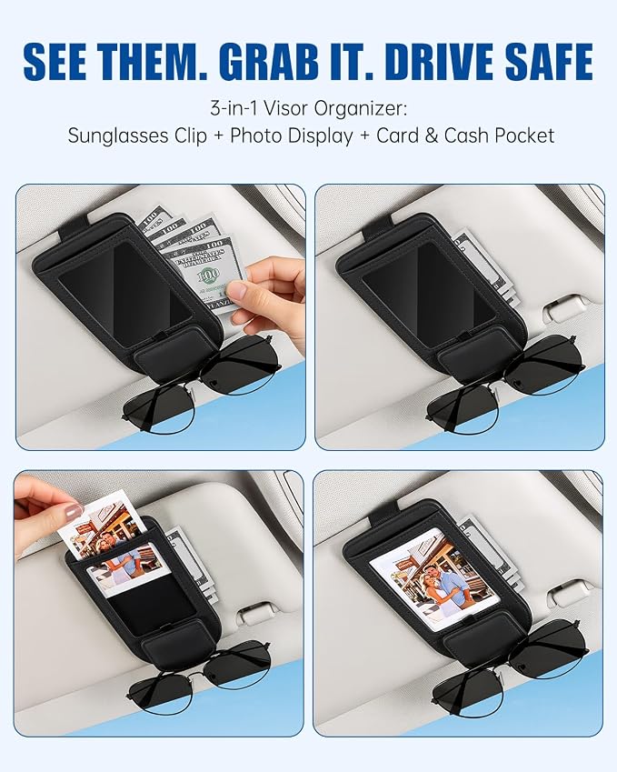 Car Visor Sunglasses Holder, 3 in 1 Glasses Clip with Photo Picture Display & Extra Storage Pocket, Anti-Slip Universal Sun Visor Organizer, 2026 Upgraded (1, Black) - Image 6