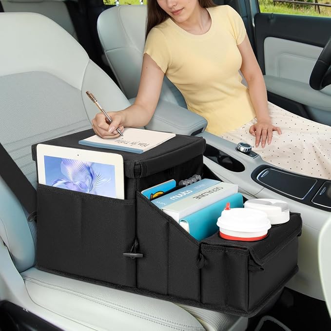 Car organizer for kids ，Backseat Organizer for Kids and Passenger Seat Organizer for Adults ，Car Seat Cooler and Warmer with Cup Holders and Convertible Tray Lid(Black) - Image 3