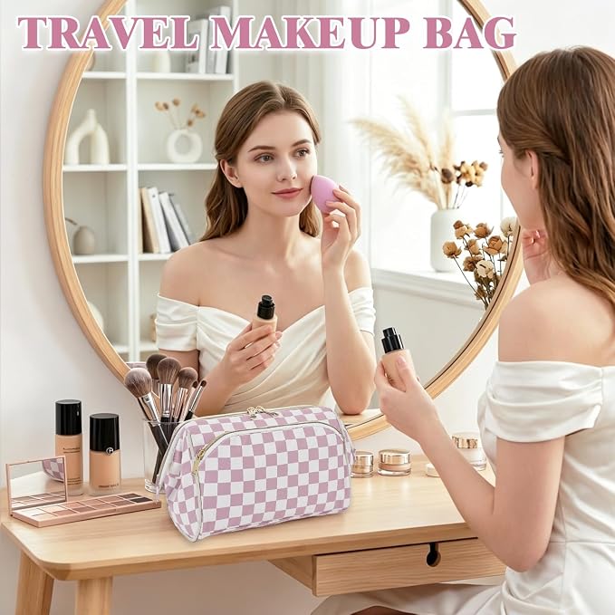 Fammart Travel Makeup Bag for Women, Waterproof Checkered Cosmetic Cosmetic Bag Make Up Organizer Case, Large Wide-open Toiletry Bag for Skincare, Brushes, Bathroom & Travel Essentials - Image 7