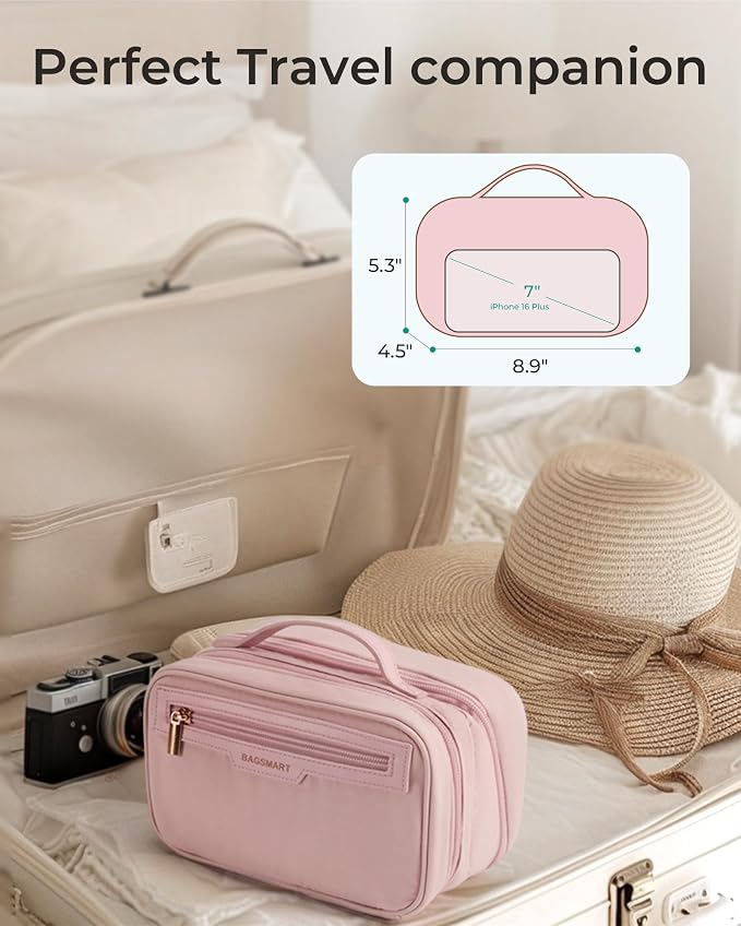 BAGSMART Travel Makeup Bag, Make Up Bag with Multiple Compartments for Organizer, Compact & Durable Cosmetic Organizer for Women for Travel Accessories (Pink - Image 2
