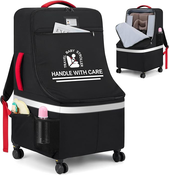 RAINSMORE Padded Car Seat Travel Bag for Airplane with Spinner Wheels | Heavy Duty Carseat Backpack for Air Travel Large Rolling Airport Gate Check Bags Fits Baby Car Seats & Boosters by RAINSMORE
