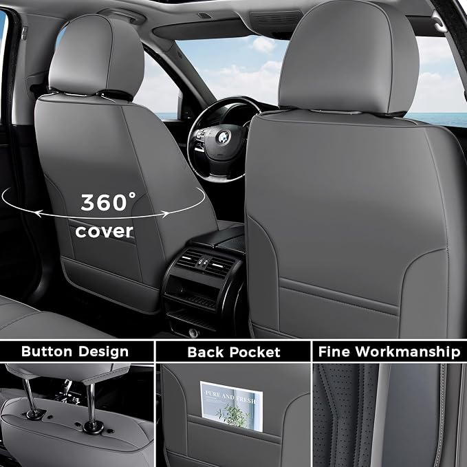 Coverado Seat Covers FullSet, 5 Seats Car Seat Protector, Waterproof Nappa Leather Cushion, Front & Rear Fit for Most Sedans SUV Pick-up Truck-Gray&Black - Image 3