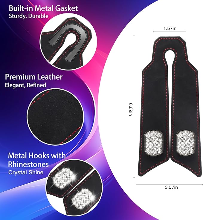 2 Pack Bling Car Headrest Hooks, Purse Hangers, Crystal Black | Sparkling rhinestones, premium leather, and dual metal hooks add style while holding purses, bags, coats, and groceries. - Image 9