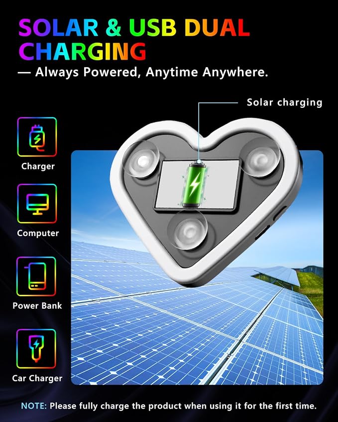 2PCS Car LED Ambient Lights, Car Triangle Window Solar-Powered Heart Shaped Atmosphere Light with 8 Switchable Lighting Modes, Rechargeable Romantic Neon Heart Light for Interior Car(Colorful) - Image 5