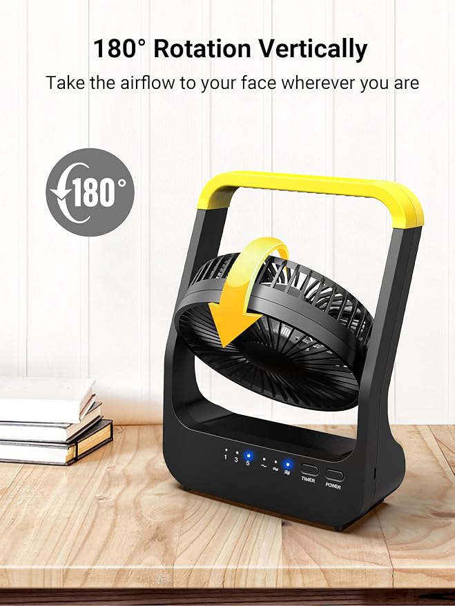 Gazeled Battery Powered Fan, Long Lasting Battery Operated Fans for Camping, Portable D-Cell Desk Fan with Timer, 3 Speeds, Whisper Quiet, 180° Rotation, for Office, Bedroom, Outdoor, 5'', Model: F15 - Image 5