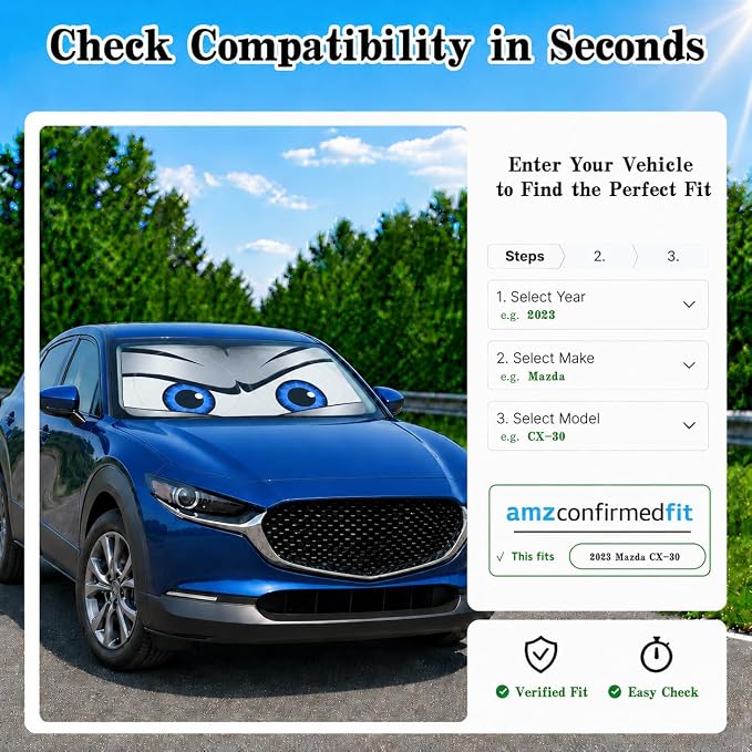 Car Windshield Sun Shade, Universal Fit Compact Sedan SUV, Sport Silver | 57 x 29.5" Car Sun Visor, Foldable Front Window Sunshade, UV Heat Protection, Cute Eyes Series - Image 9