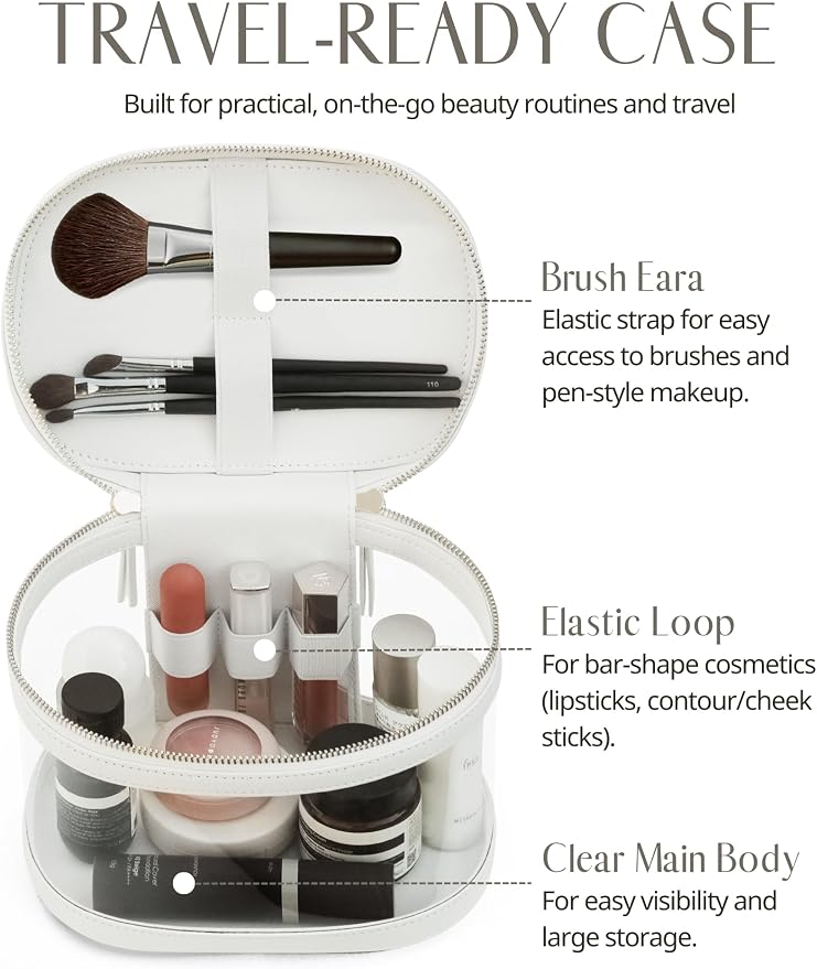 Clear Makeup Train Case Vanity Bag Make Up Travel Bag with Brush Holder, Compact Transparent Makeuo Bag for Traveling Leather Cosmetic Case Portable Travel Essentials Toiletry Organizer White - Image 3