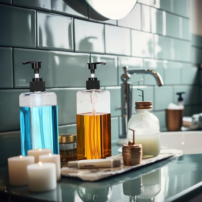 Didaey 8 Pcs Empty Shampoo Bottles with Pump 16 Oz Plastic Soap Dispenser Refillable Body Wash Bottles for Bathroom, Kitchen Sink, Hotel, Salon(Transparent, Black) - Image 7