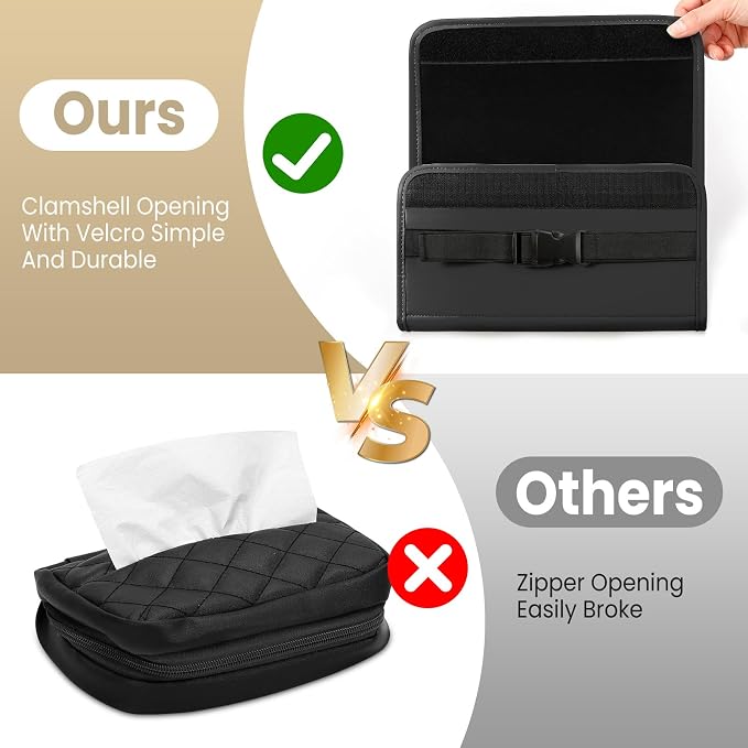 WHHMK Large Car Tissue Holder, Refill Easily Clamshell Opening, Black 1PC | Tissue Box Cover Keep Car Tidy, Premium PU Leather Backseat Napkin Rectangle Organizer in Auto, Fits 100-150 Count Tissues - Image 3