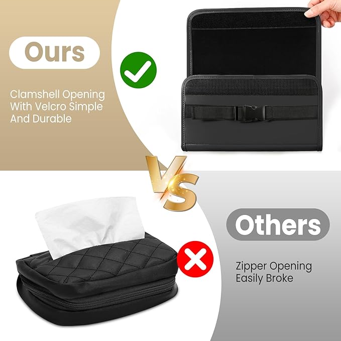 WHHMK Large Car Tissue Holder Refill Easily Clamshell Opening, Black 2PC | Tissue Box Cover Keep Car Tidy, Premium PU Leather Backseat Napkin Rectangle Organizer in Auto, Fits 100-150 Count Tissues - Image 3