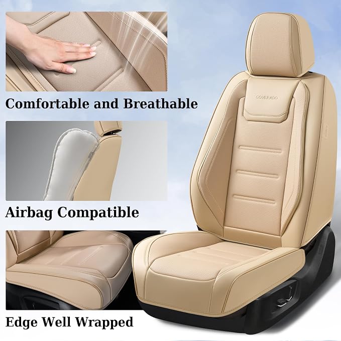 Coverado Car Seat Covers, Front Covers for Cars, Car Seat Cover Front Seats, Car Seat Protector Waterproof, Leather Car Seat Cushion, Universal Interior Covers Seat Protectors for Most Cars Beige - Image 3