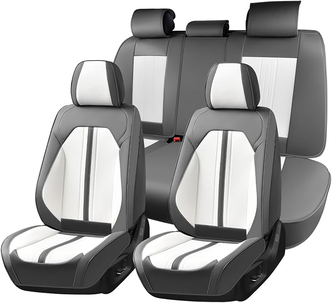 Huidasource Automotive Seat Covers, Luxury Faux Leather Seat Covers Leather, Velcro Adjustable, with Airbags, Child Seat, Cooling＆Heating, Universal Fit for Most Cars, Vans, Trucks, SUVs, Gray＆White by Huidasource