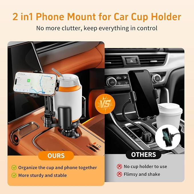 Phone Holders for Your Car, 2 in 1 Cup Holder Phone Mount with Expander | Secure Hold, Adjustable Base and Long Arm with 360°Rotation Car Phone Holder for 4-7‘’ iPhone, Samsung, and All Smartphones - Image 3
