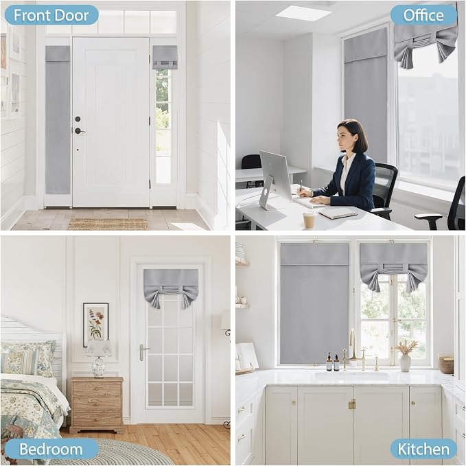RYB HOME Blackout Door Curtain Kitchen Window Curtains, W34 x L40, Grey | Self Adhesive, Privacy, Thermal Insulated, For Patio Kitchen Front Entry Front Back Door Glass Window, Renter Friendly - Image 9