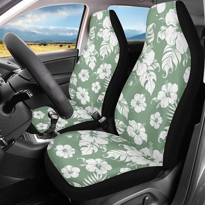 White Hibiscus Flower Seat Covers for Front Seats, Car Accessories for Women Men Washable and Breathable Car Seat Protectors Covers for Truck SUV Sedan - Image 2