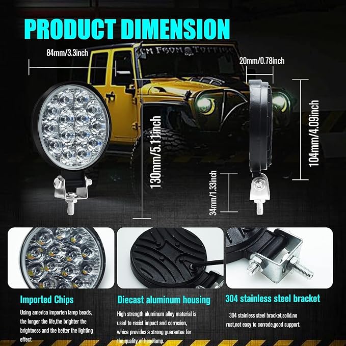 EJ's SUPER CAR Led Round Light Bar 4PCS 3.3" 42w 10000LM Flood Light Pod Off Road Fog Driving Roof Bar Bumper for Jeep,SUV Truck, Hunters - Image 7