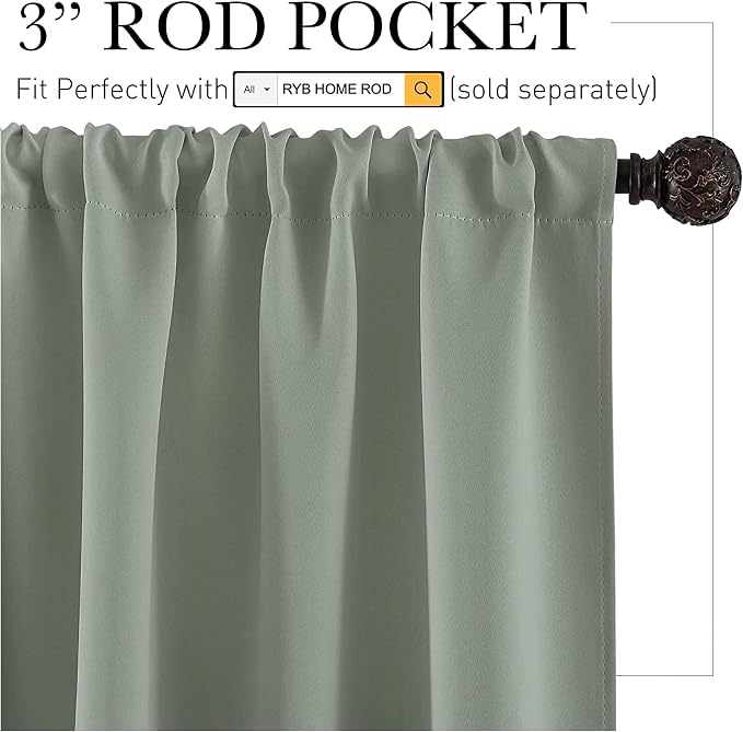 RYB HOME Short Grayish Green Blackout Curtains for Small Bedroom Window | Thermal Insulating, UV Blocking, Privacy Protection, Drapes/Tiers for Basement Garage Bathroom, W42 x L36, 2 Panels - Image 2