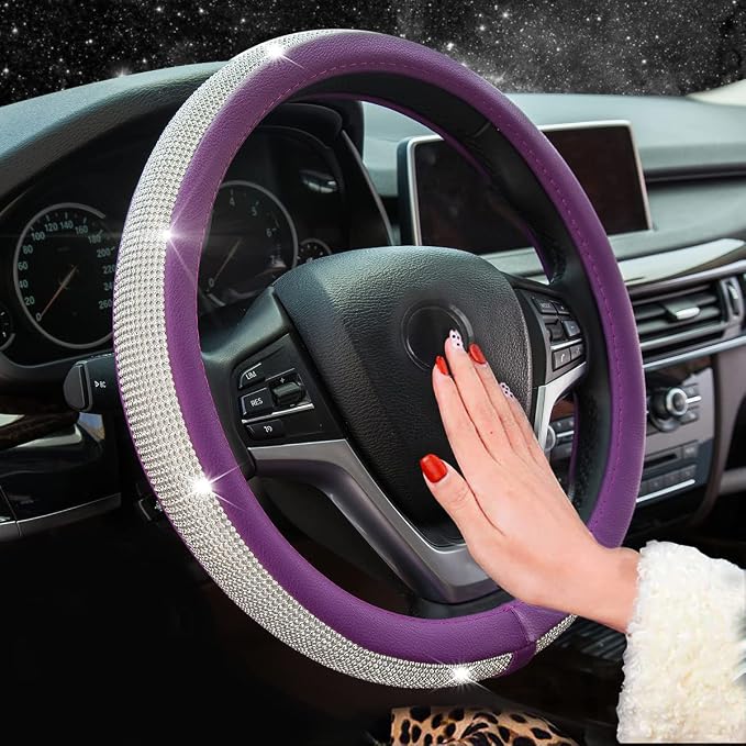 New Diamond Leather Steering Wheel Cover with Bling Crystal Rhinestones | Universal Fit 15 Inch Car Wheel Protector for Women Girls Purple - Image 6