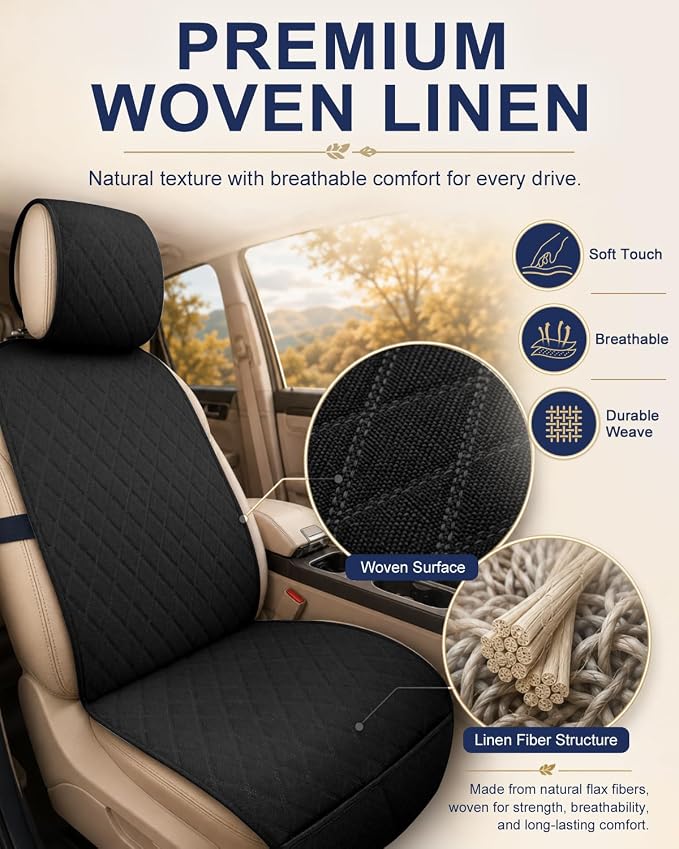 Linen Car Front Seat Covers, Breathable Linen Car Seat Protector | With A Carrying Pouch And Non-Slip Nubs On The Back; Universal Fit Cars Vans SUVs Trucks, 2 Units, Black - Image 6