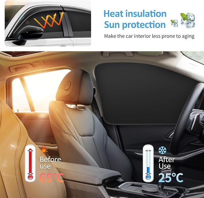 Window Sun Shade Car Curtains - Side Thiken Sun Shades Magnetic 100% Block Light Car Window Covers with Cooler Feeling (Black, front-T-2pcs) - Image 4