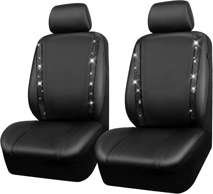 CAR PASS Leather Bling Diamond Car Seat Covers 2 Front Interior Sets, Waterproof Universal Shining Glitter Crystal Sparkle Fit for 95% Automotive Truck SUV Cute Women Girl, Black Rhinestone - Image 8