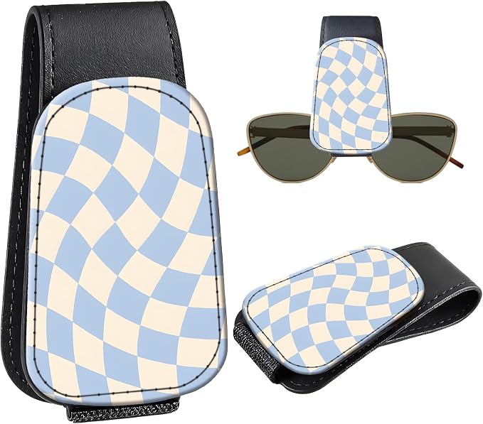 Leather Magnetic Sunglass Holder for Car Sun Visor, Cute Eyeglass Ticket Card Hanger Clip, Universal Auto Interior Accessories for SUV Pickup Truck, Blue Wave by Unknown