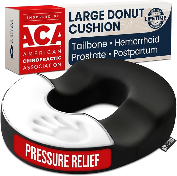 5 STARS UNITED Donut Pillow for Tailbone Pain & Hemorrhoids – Large Orthopedic Memory Foam Seat Cushion for Pressure Relief – Prostate, Postpartum, Pregnancy, Bed Sore, Premium Black Suede by 5STARSUNITED