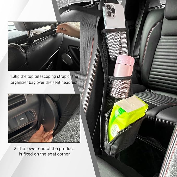 Car Seat Side Organizer, Seat Side Storage Pocket, Multifunctional Mesh Net Pocket, Car Multi-Pockets Backseat Organizer Side Hanging Bag for Storage Coins, Cell Phones, Glasses (Black, 1PCS) - Image 3