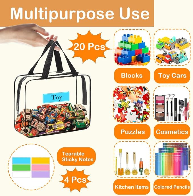 20 Packs Extra Large Toy Storage Bags with Zipper, Clear Toy Organizer Bag | with Labels for Blocks, Reusable 11.8″×8.6″×3.9″ Clear Travel Waterproof Organizer Bags for Puzzles, PVC Plastic - Image 3