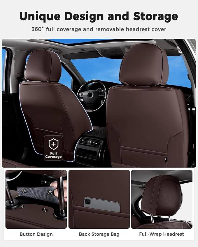 Huidasource Coffee Front Seat Cover Luxury Nappa Leather, Front Car Seat Cover with Airbag, Front Storage Pocket, Lumbar Support, Cooling＆Heating, Universal Fit for Most Cars SUV Trucks, Coffee - Image 4