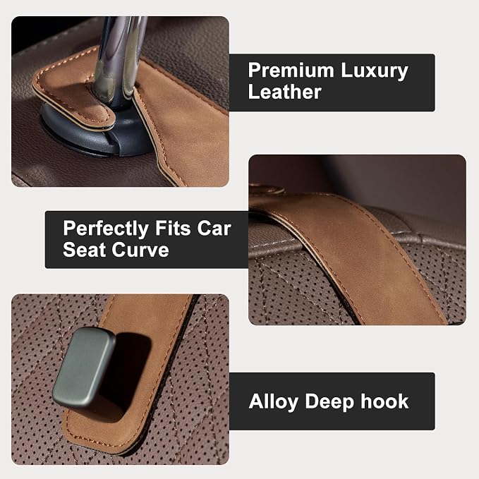 CoBak Headrest Hooks for Car - Universal Premium Stitched Leather and Aluminum-Magnesium Alloy Single Car Seat Back Storage Hook for Purses, Handbags, Bags (2 Pack),Brown - Image 3