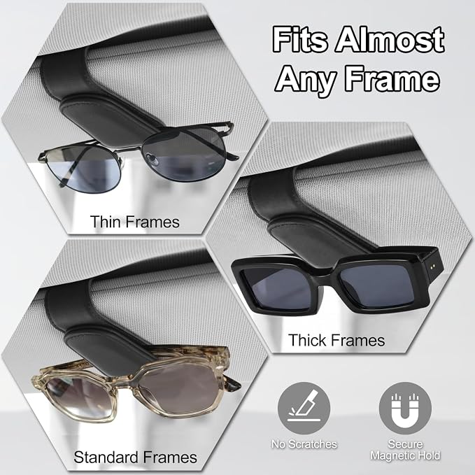 Magnetic Leather Sunglass Holder for Car, Eyeglasses Clip for Visor(Black) | Fits Different Size Eyeglasses, Securely Clips Sunglasses on Car Visor, Car Interior Accessories - Image 2