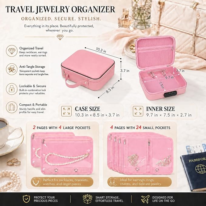 Fireproof Travel Jewelry Organizer Case with Lock & 6 Binder Pages | Silicone-Coated Fiberglass, Tangle-Reducing Layout Clear Storage Book for Necklaces Earrings Rings Bracelets-Bag Only Pink - Image 7