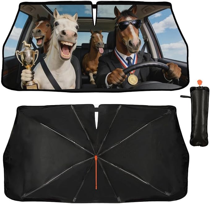 Horse Car Windshield Sun Shade Umbrella Bendable Handle Foldable Funny Horse Animal Driving Sunshade for Car Windshield Block UV Rays Keep Vehicle Cool for Most Sedans SUV Trucks 57"x30" by DOPINDU