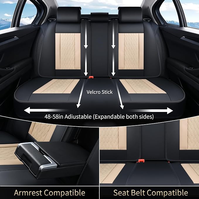 Seat Covers, Car Seat Covers Full Set, Luxury Nappa Leather Seat Covers, Breathable and Waterproof Car Seat Protector 5 Seat, Automotive Seat Covers Universal Fit for Most Cars-Black&Beige - Image 3