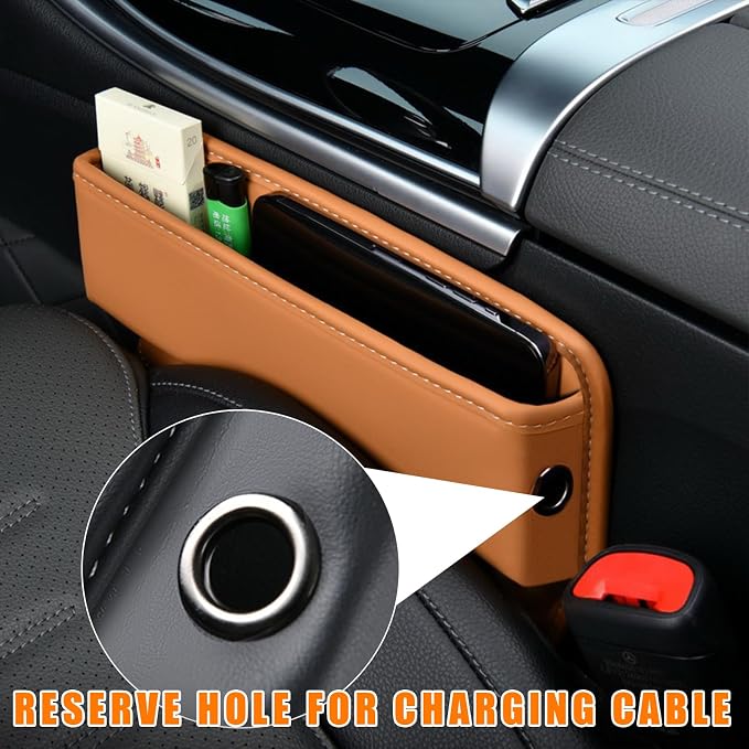 Ziciner Car Seat Gap Organizer, Premium Leather Auto Seat Storage Box, Vehicle Adjustable Front Seat Gap Filler, Car Seat Side Pocket Organizer for Phones, Glasses, Keys, Money, Cards (Khaki) - Image 5