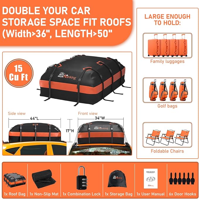 Car Roof Bag Rooftop top Cargo Carrier Bag 15 Cubic feet Waterproof for All Cars with/Without Rack, Includes Anti-Slip Mat, 10 Reinforced Straps, 6 Door Hooks, Luggage Lock - Image 6