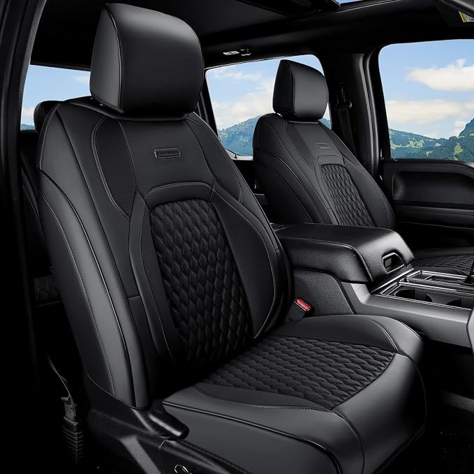 Coverado Custom Fit Front Seat Covers for Chevy Silverado/GMC Sierra 2007-2025 1500, 2015-2025 2500HD 3500HD Crew/Double/Extended Cab – Faux Waterproof Leather (Black) by COVERADOAUTO