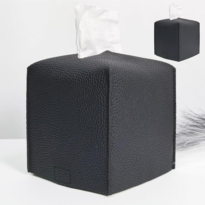 HOMOTEK 2 Pack Tissue Box Cover, Square PU Leather Tissue Holder, Decorative Facial Tissue Cube Paper Organizer Dispenser for Bathroom, Night Stands, Desk, Car 5X5X5'' - Matte Black, Pebble Grain by HOMOTEK