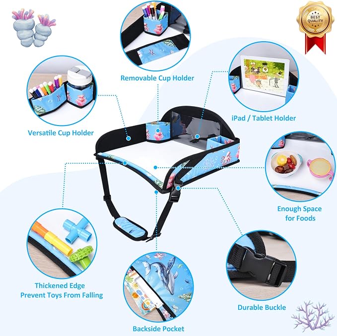 Toddler Car Seat Travel Tray FOR Road Trip Activities, Whale | Travel Tray With 16.7" x 13.4" Smooth Dry Erase Board, Cup holders, Ddjustable Strap & Shoulder Carry Strap - Image 5