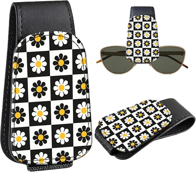 Leather Magnetic Sunglass Holder for Car Sun Visor, Cute Eyeglass Ticket Card Hanger Clip, Universal Auto Interior Accessories for SUV Pickup Truck, Daisy Checkered by Unknown